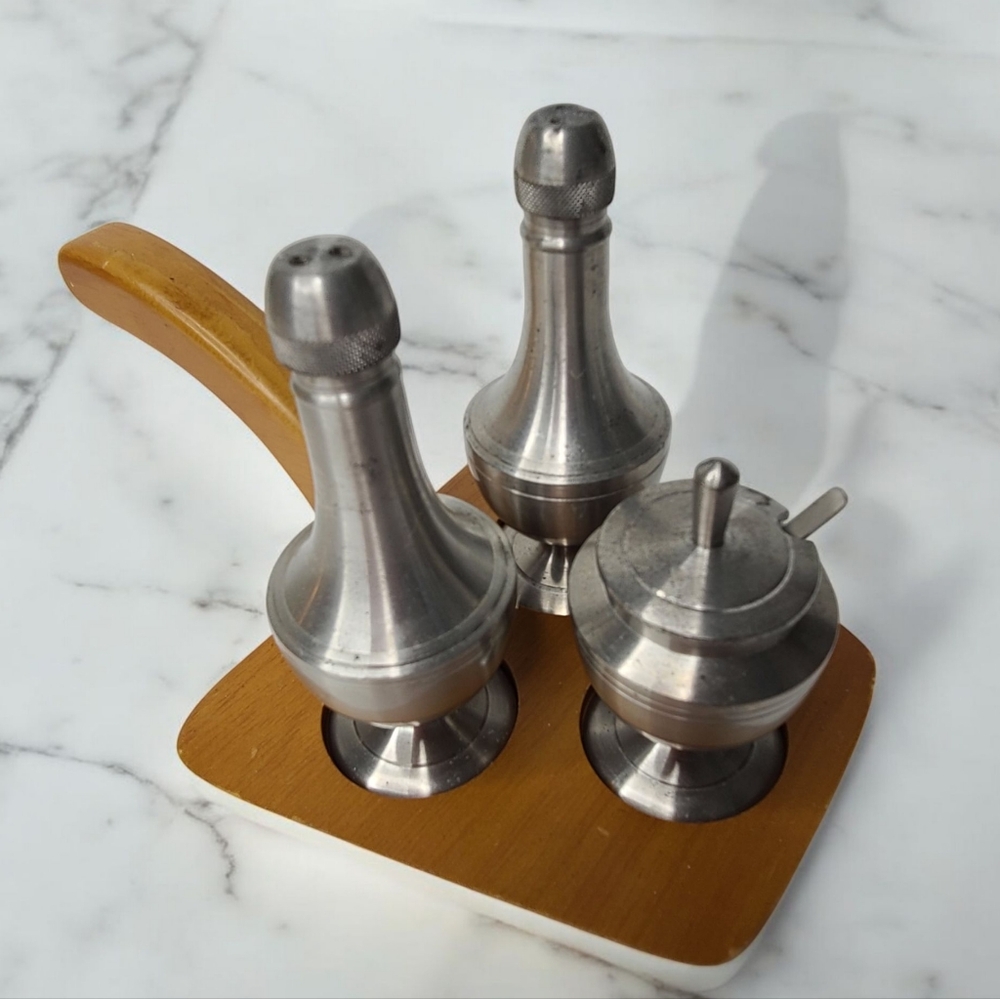 ROYAL SELANGOR Pewter Condiment Set Teak Holder Tray MCM Vintage 50s 60s S/P